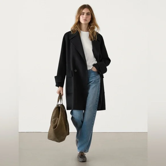 NWT Massimo Dutti Black Double Breasted Pocket Wool Blend Jacket Coat Sz Small - Picture 2 of 16